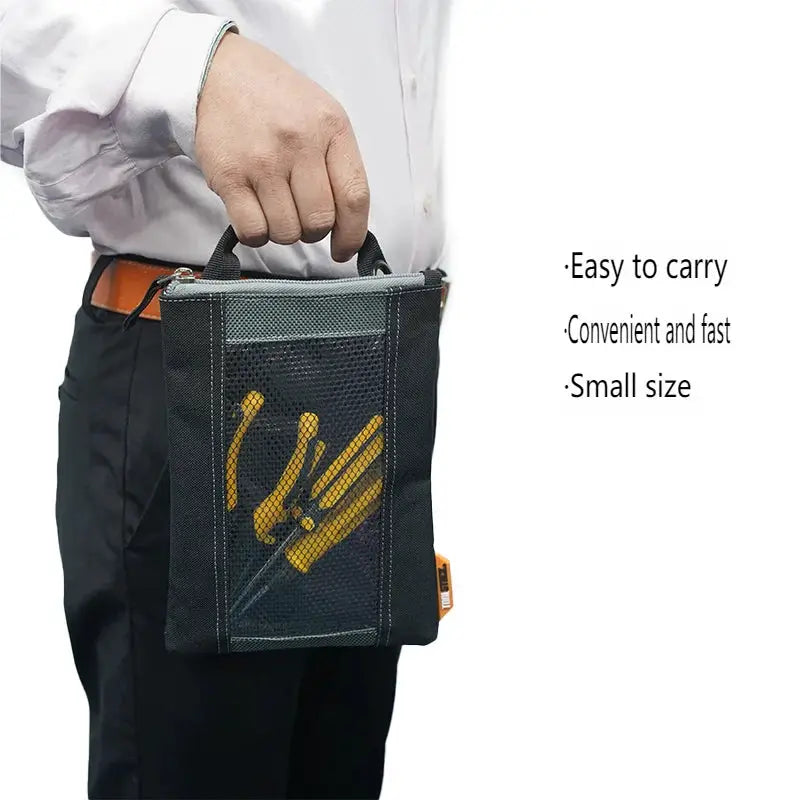 TOOLSTACK nails pouch by Simples Market; high-capacity waterproof waist bag for nails and screws, mesh front with tools.