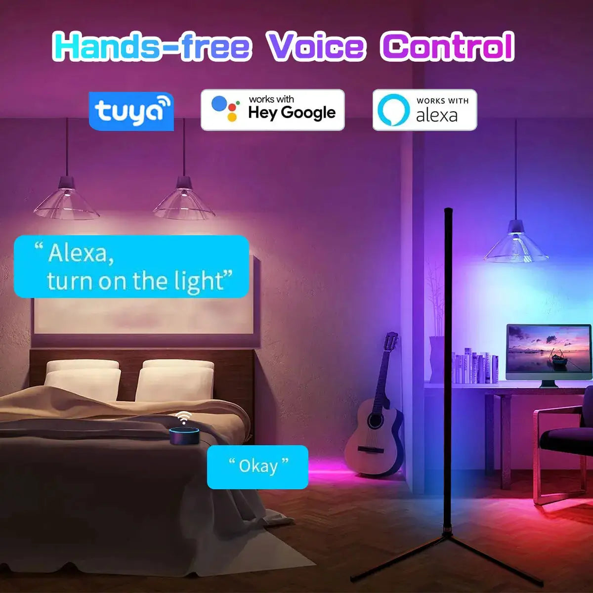 160cm Smart Tuya Corner Floor Lamp by Simples Market, RGB LED dimmable mood lighting, Alexa/Hey Google compatible