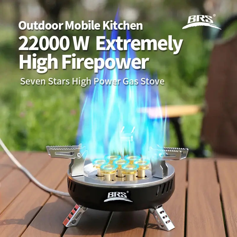 BRS outdoor seven-star folding gas stove on a wooden table with blue flame; portable high-power stove.
