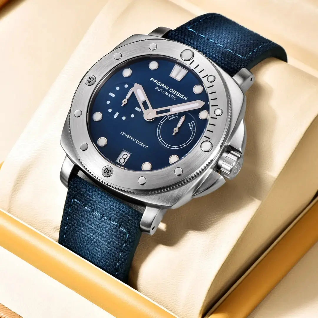 PAGANI Design men's automatic diver watch with blue dial, stainless steel case, blue fabric strap, 200m water resistant