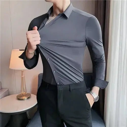 Premium Men's Ultra-Stretch Shirt by Simples Market; gray silky long-sleeve business formal shirt