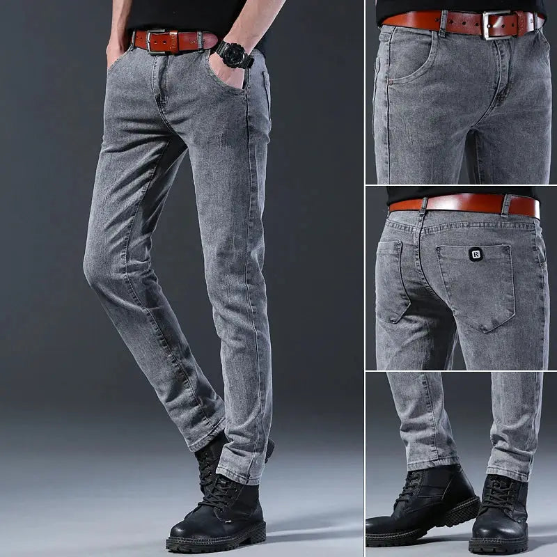 Men's slim-fit gray denim jeans with mid-rise, casual straight-leg style