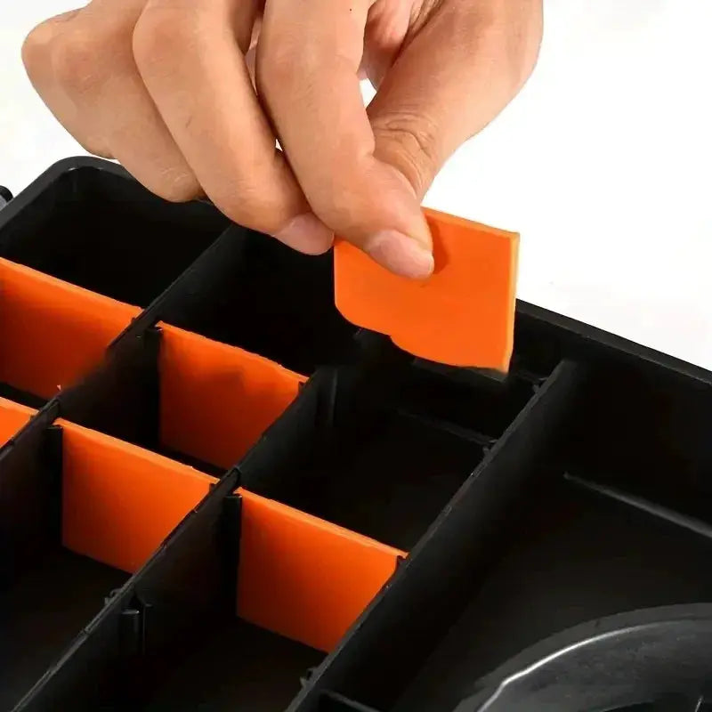 Plastic tool parts box with orange dividers and thickened grid compartments