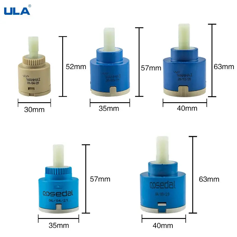 ULA ceramic faucet valve cores set; blue and beige cartridges in 30/35/40mm sizes for kitchen basins (52–63mm) 5 pcs