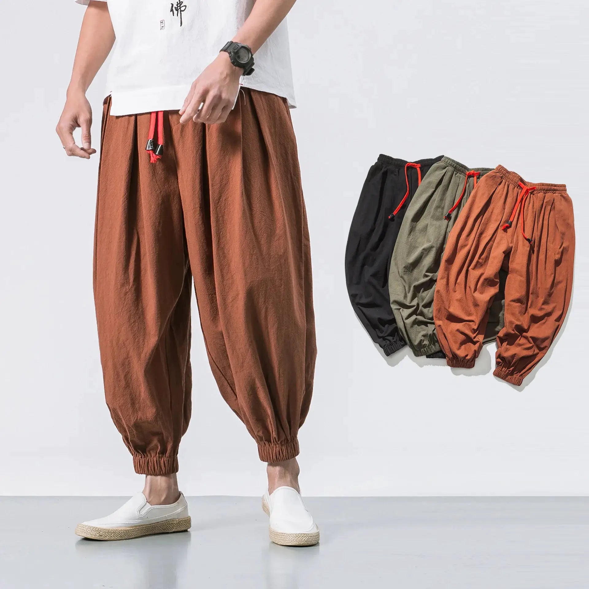 FGKKS Men Loose Harem Pants Linen Cotton Blend Oversize Sweatpants Casual Trousers