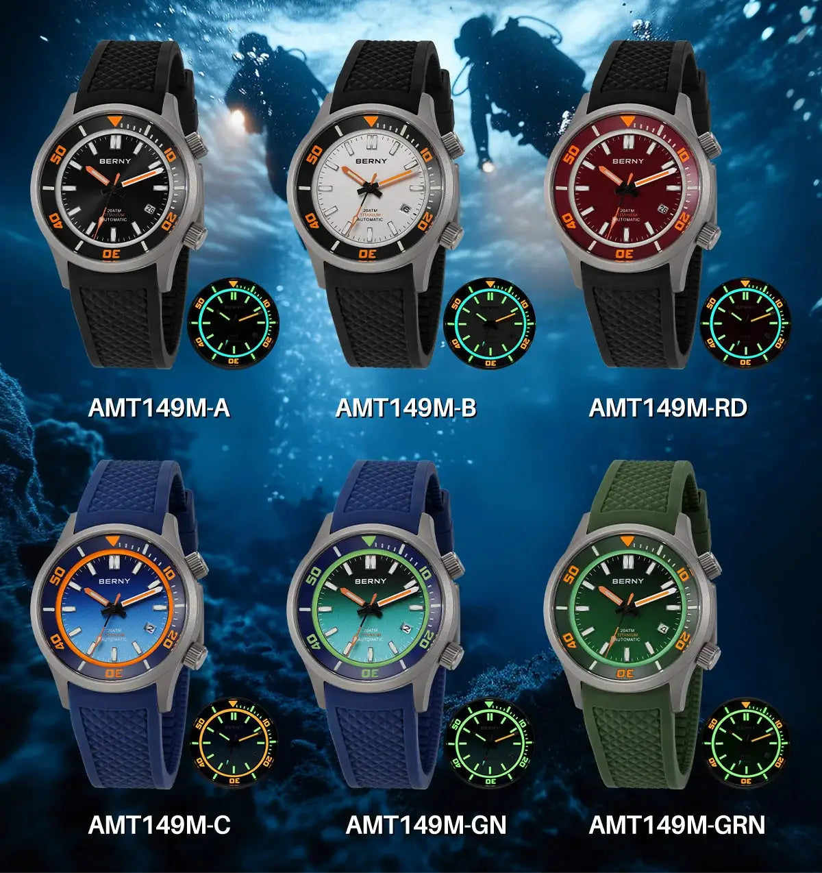 BERNY 20ATM titanium automatic diver watch for men in 6 color variants with luminous accents