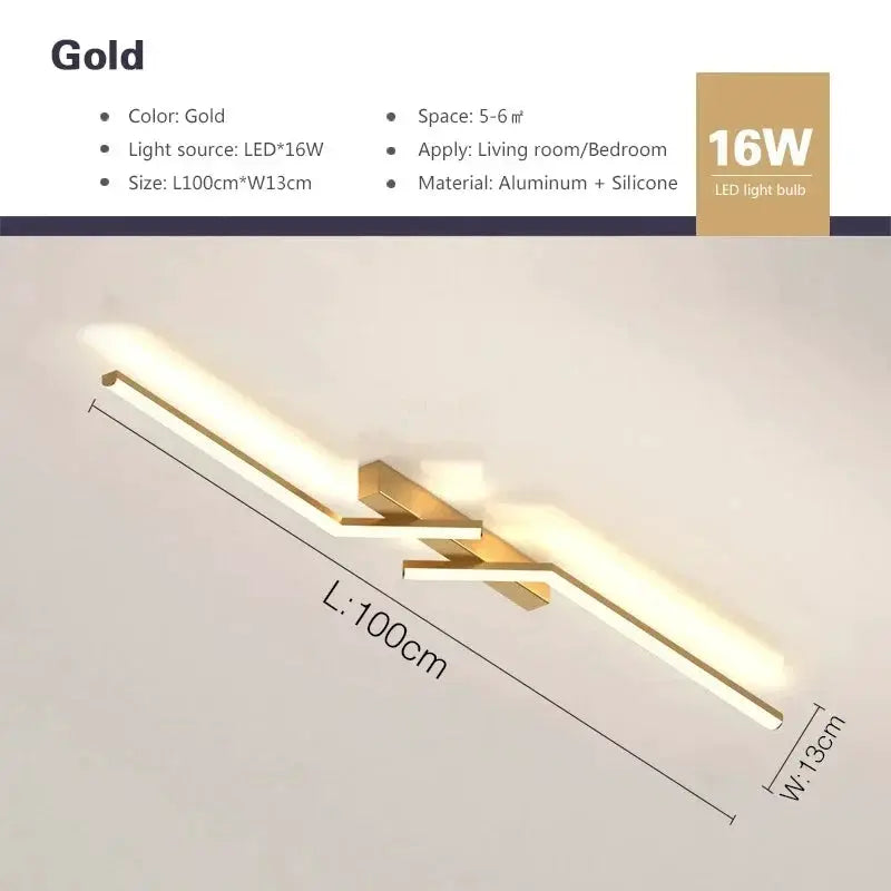 Simples Market modern LED ceiling light in gold finish with simple line design, 100 cm long