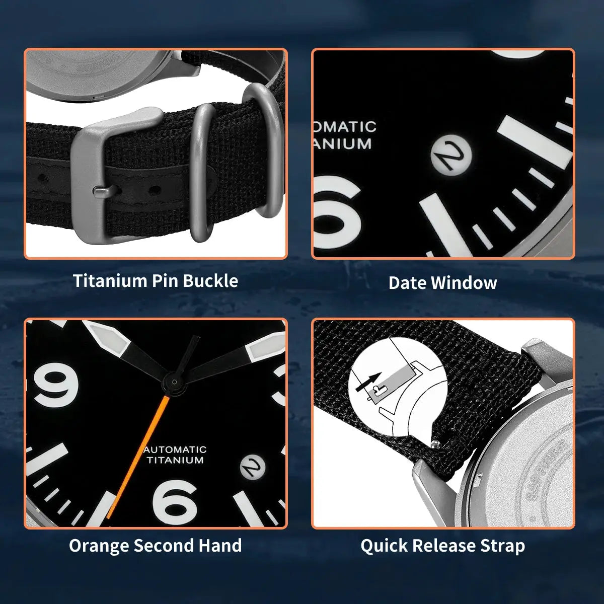 BERNY full titanium automatic men's watch with black dial, orange second hand, date window, and quick-release strap