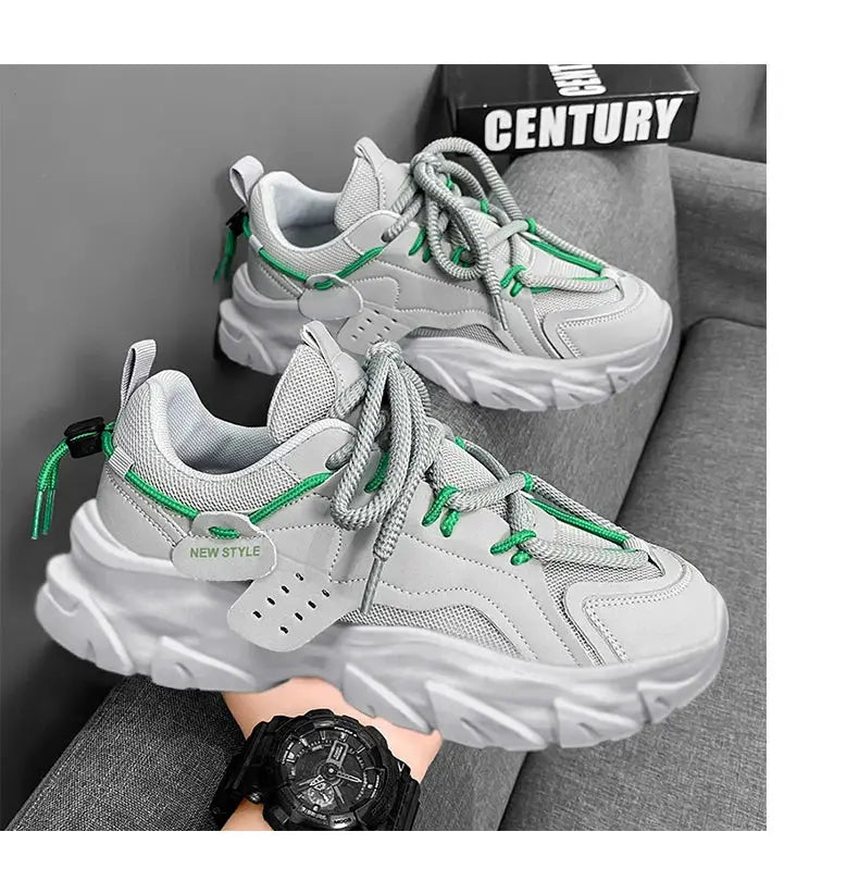 Simples Market men's gray breathable sneakers with thick white sole and green laces, two sneakers shown