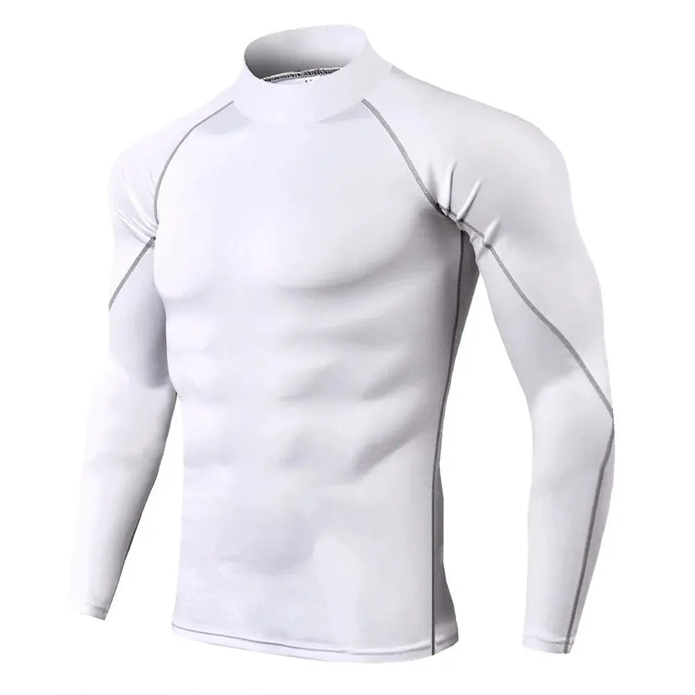 Men's white long-sleeve quick-dry compression rash guard with gray seam piping