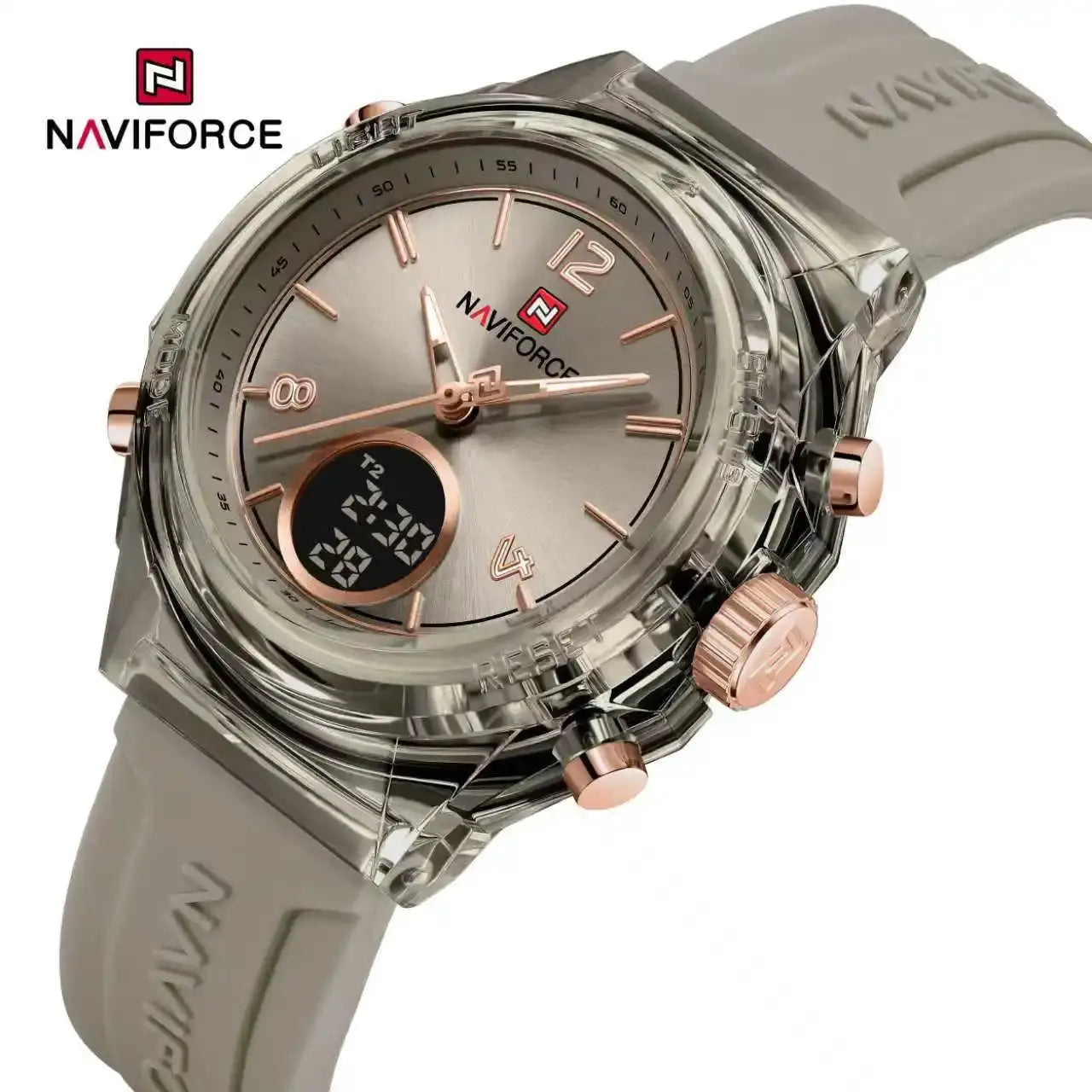 NAVIFORCE women's sport watch with dual-time display, rose-gold accents, grey rubber strap