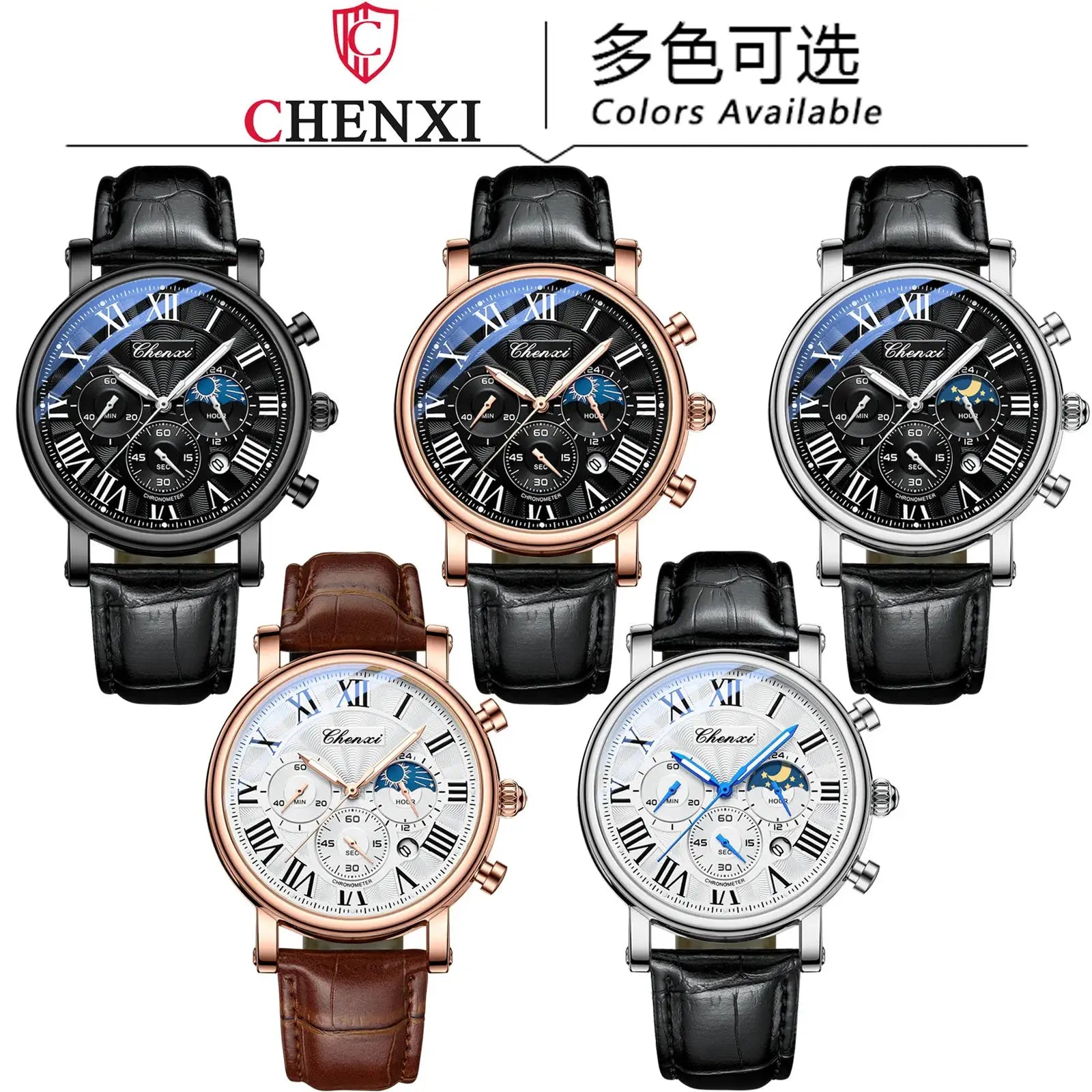 Chenxi 973 Moon Phase Date Analog Mens Wristwatch With Water Resistant Leather Strap And Imported Quartz Movement