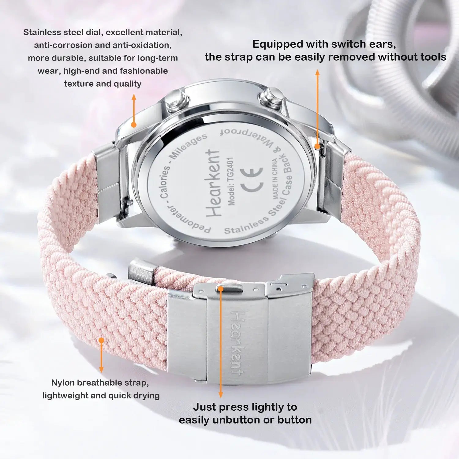 Hearkent women's pedometer sport watch with pink nylon strap and stainless steel back