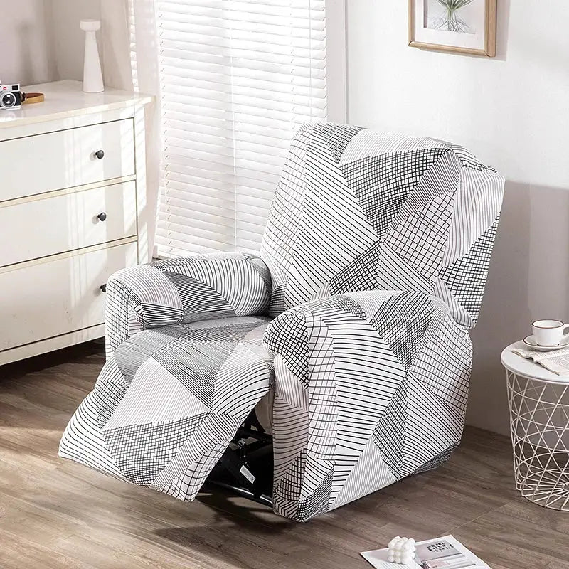 Recliner chair slipcover in black-and-white geometric pattern; stretch fit
