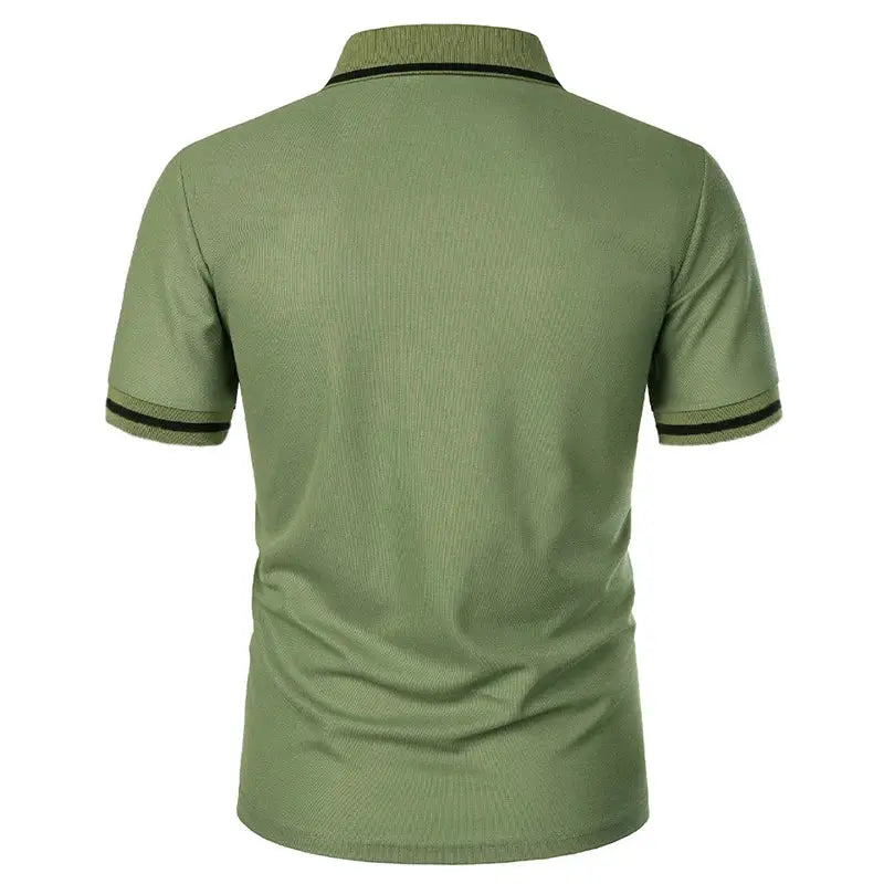 Men's short sleeve polo shirt in olive green with dark trim on the collar and sleeve cuffs