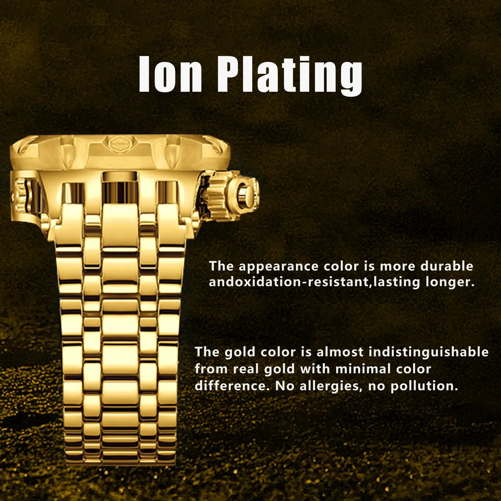 YaLaLuSi men's luxury watch with gold bracelet featuring metal link band