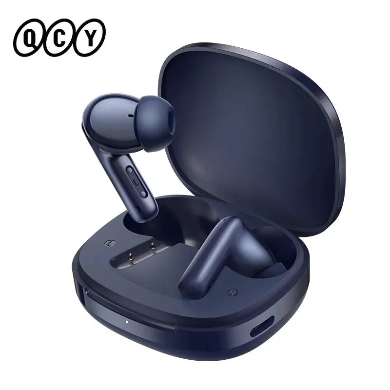 QCY T13 Pro wireless earbuds in blue with charging case