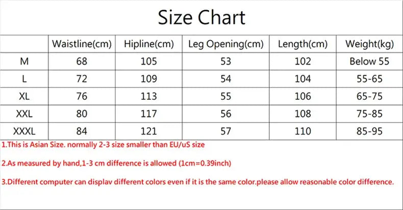 DUKEEN men's heavyweight sweatpants size chart by Simples Market showing waist, hip, leg opening, and length for M-XXXL.