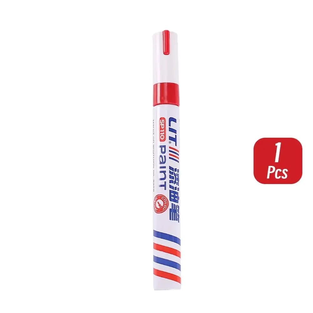 3mm color paint marker by Simples Market, white barrel with red cap, blue and red stripes, 1 piece.