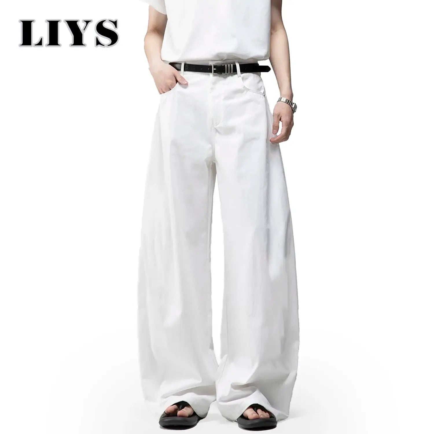 White baggy wide-leg denim jeans for men by LIYS, daily casual wear
