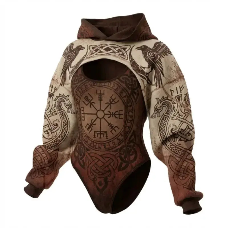 Viking print women's hooded jumpsuit set in brown and beige by Simples Market, loose-fit long sleeves