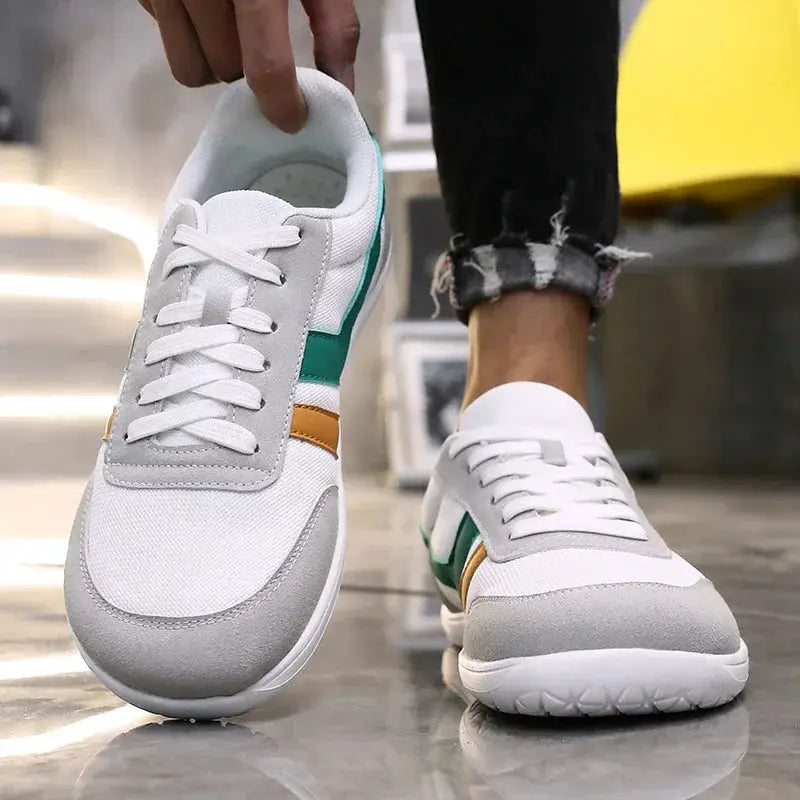 Simples Market wide running shoes, pair of white breathable sneakers with teal side stripe and orange accent, anti-slip sole