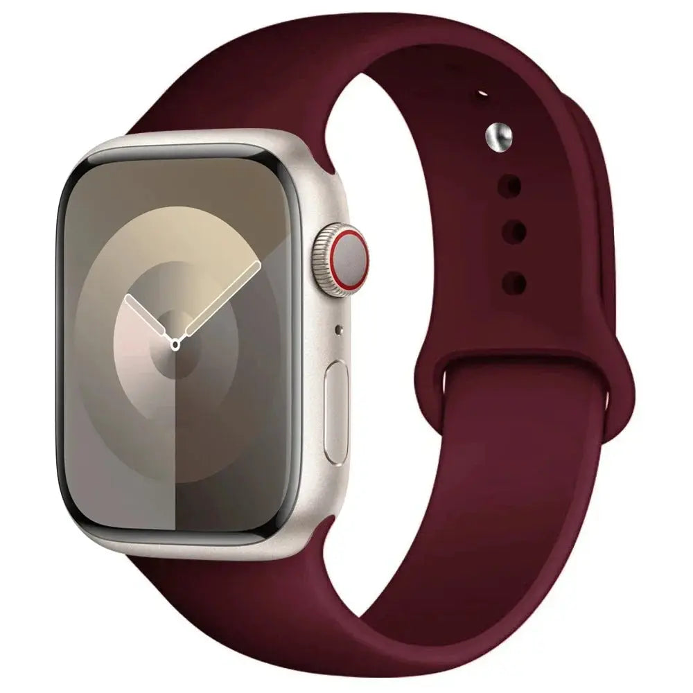 Silicone Apple Watch band by Simples Market in burgundy, for 38–49mm Apple Watch sizes (Series 8/7/6/5/4/3/SE/Ultra 2)