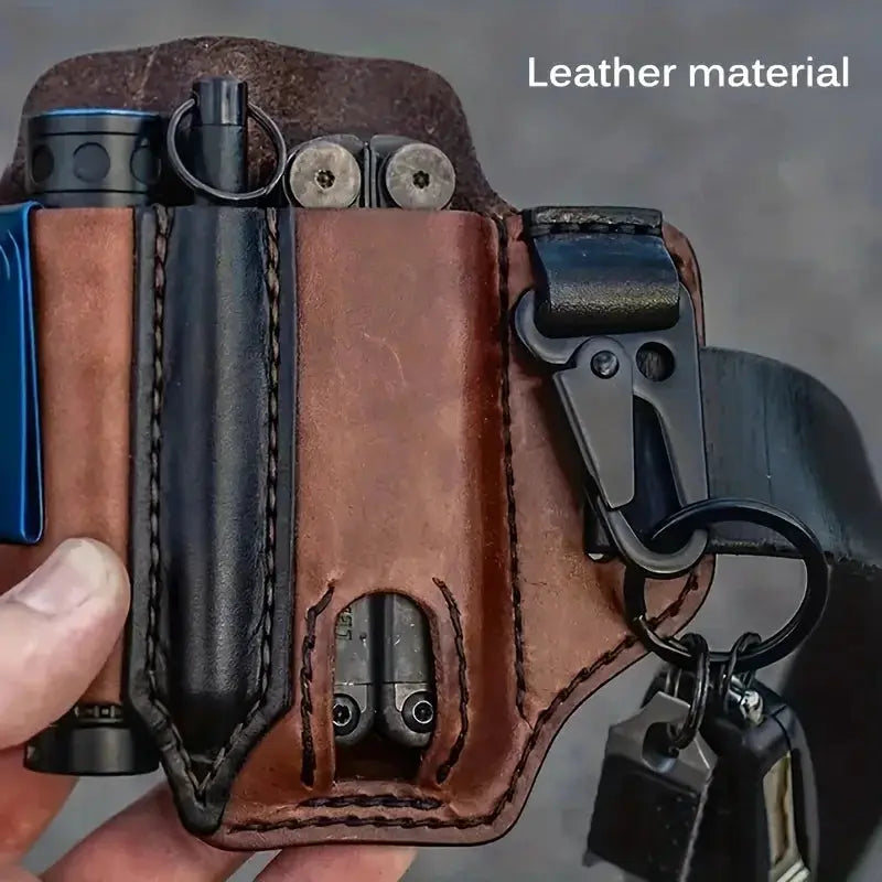 Tactical multi-tool belt holster in brown PU leather by Simples Market; portable waist tool pouch with clip