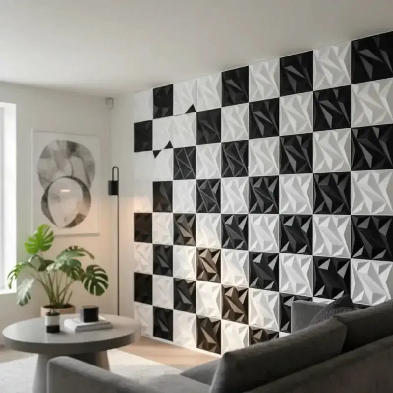 Simples Market 10-pack 30x30cm 3D wall panels in black and white geometric tiles on living room wall