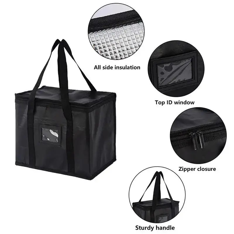 Portable large insulated food delivery bag, black with zip closure, sturdy handles and top ID window