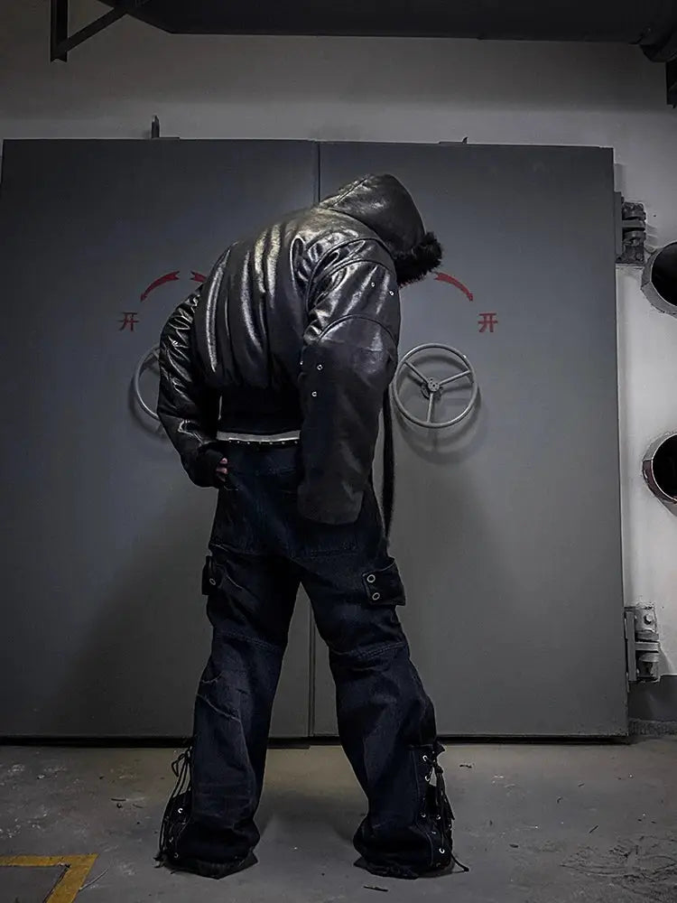 Mauroicardi PU leather jacket for men with faux fur hood, oversized black bomber-style coat by Simples Market