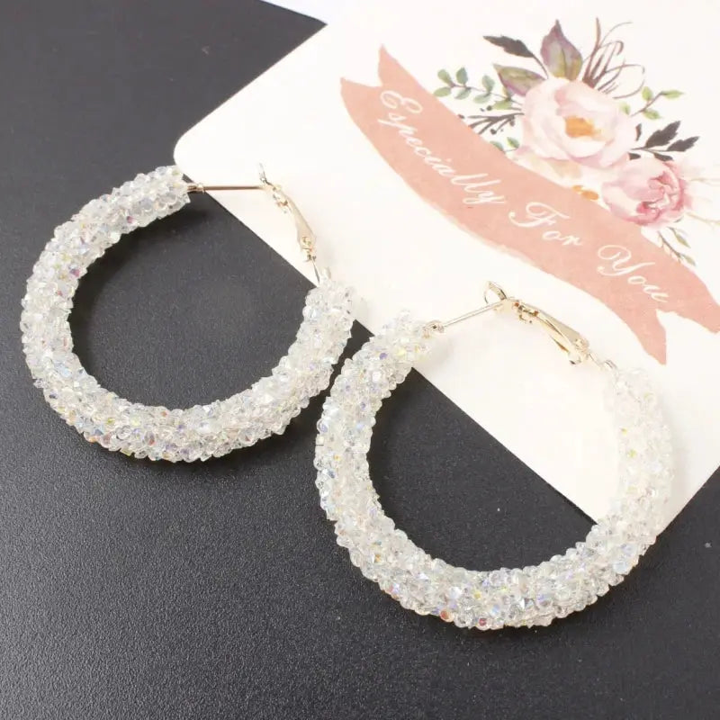 White crystal beaded hoop earrings, large iridescent hoops with sparkling crystals
