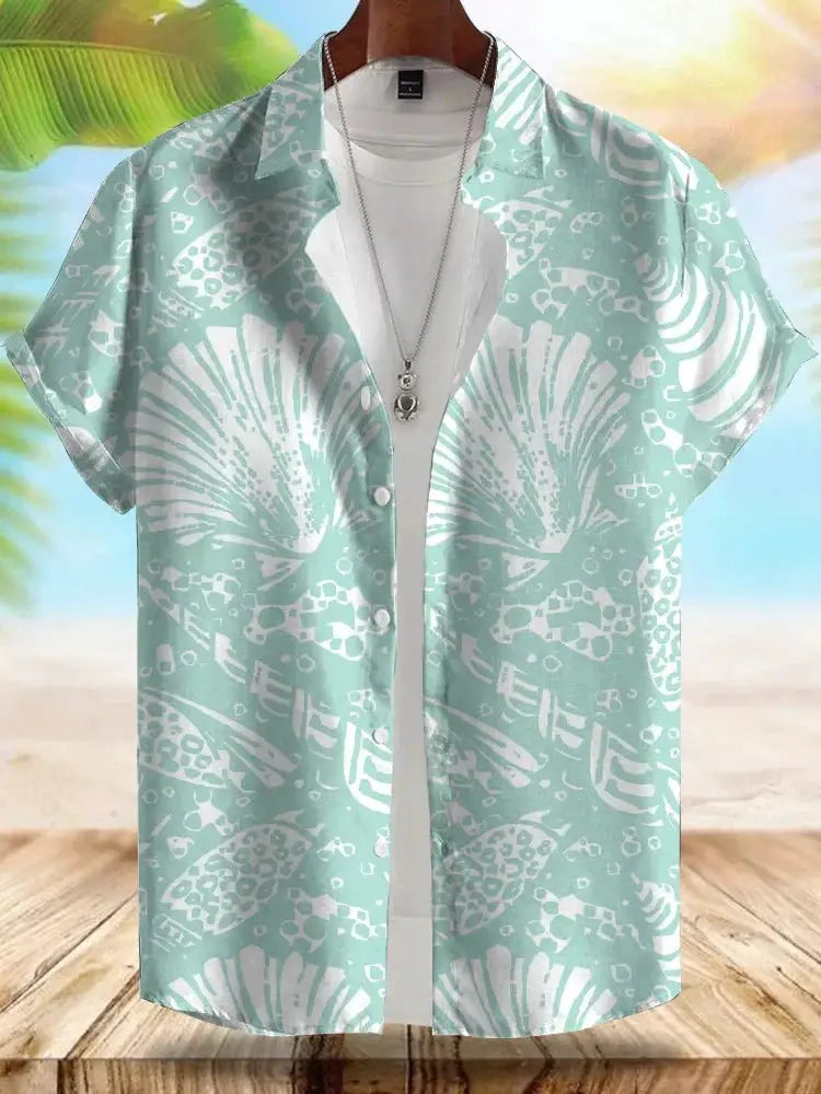 Seaside Hawaiian style men's short-sleeve shirt in seafoam with white shell pattern, Simples Market.
