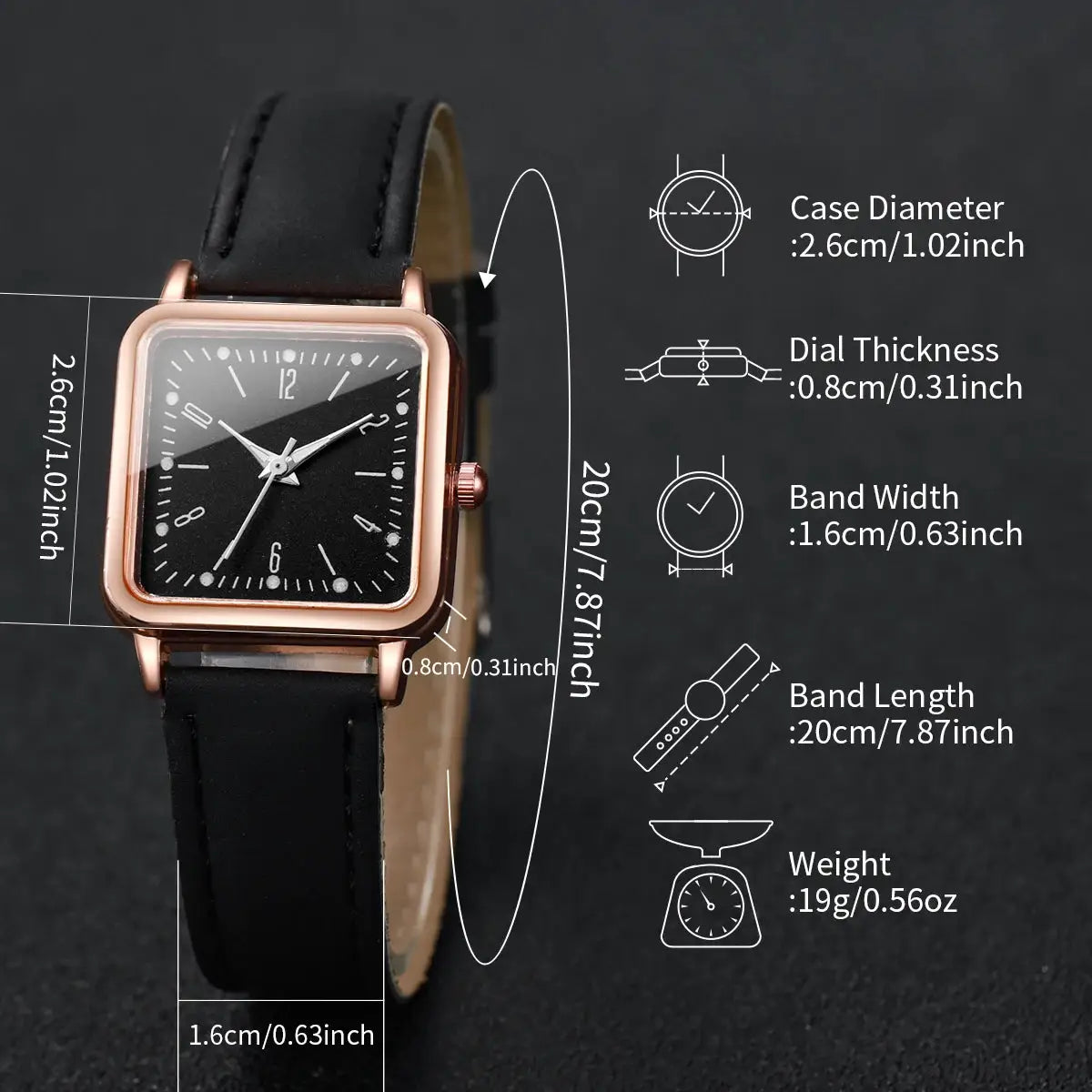 2/4PCS Fashion Square Women's Watch Leather Band Quartz Watches Heart Bracelet Set（Without Box）