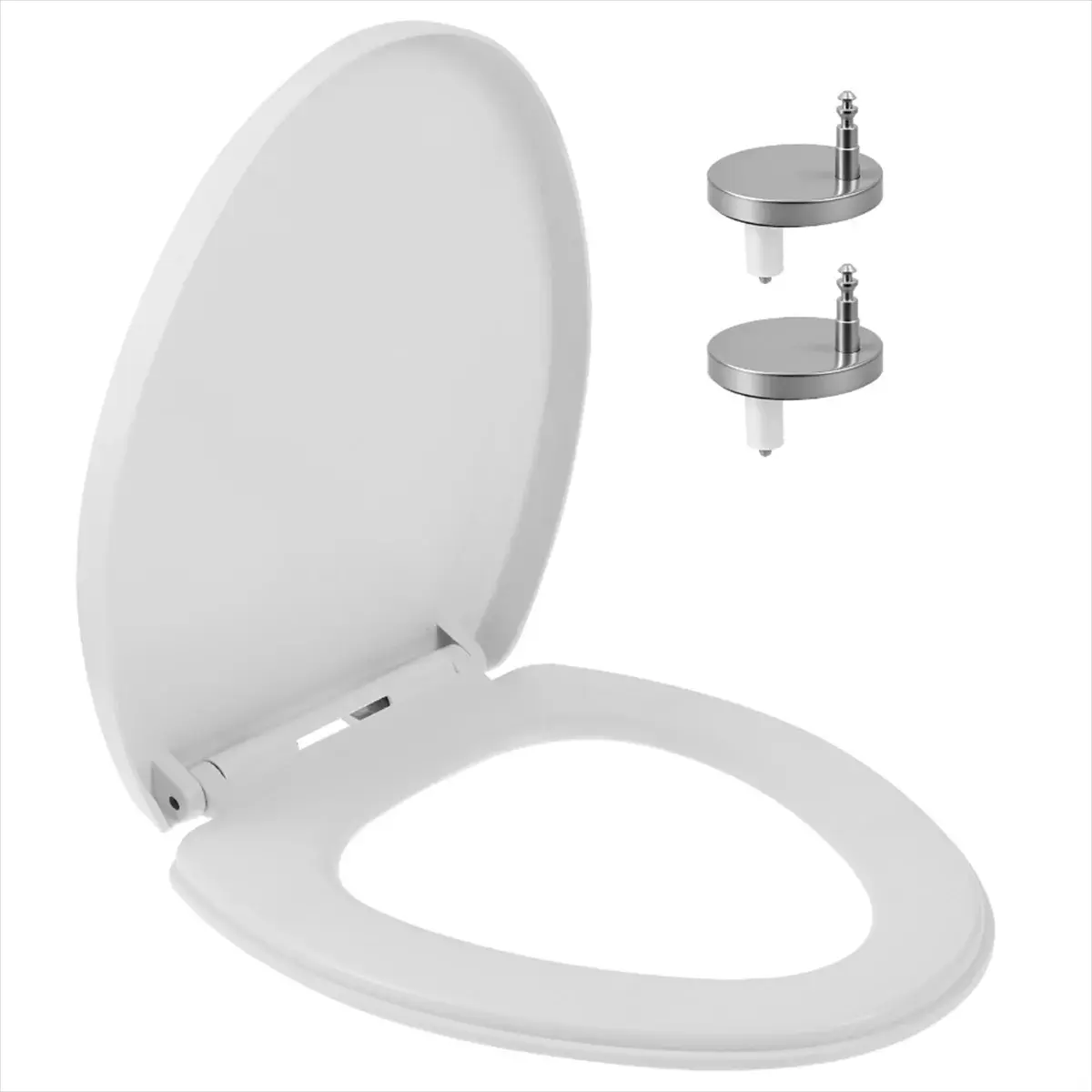 White UV-shaped toilet seat with slow-close lid and chrome hinges; universal fit with mounting hardware