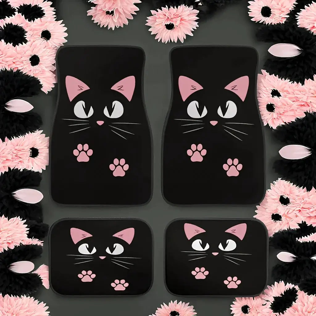 Simples Market 4pc cat-printed black car floor mats with pink cat faces and paw prints for front and rear seats