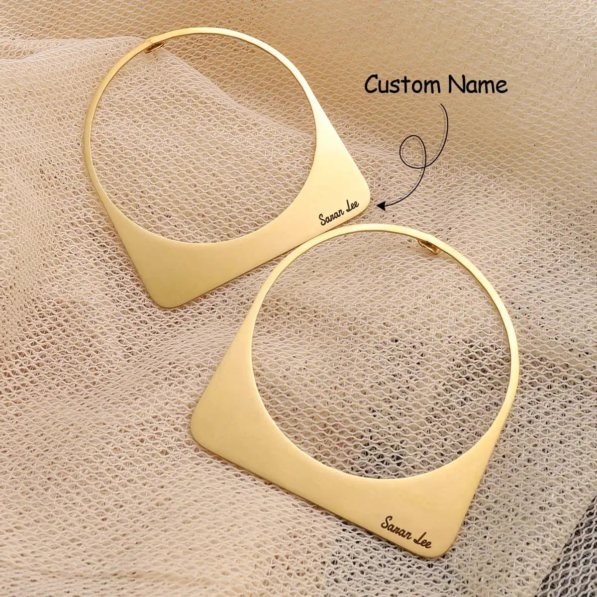 Pair of African large hoop earrings, 18K gold-plated stainless steel, handmade with custom name Saran Lee