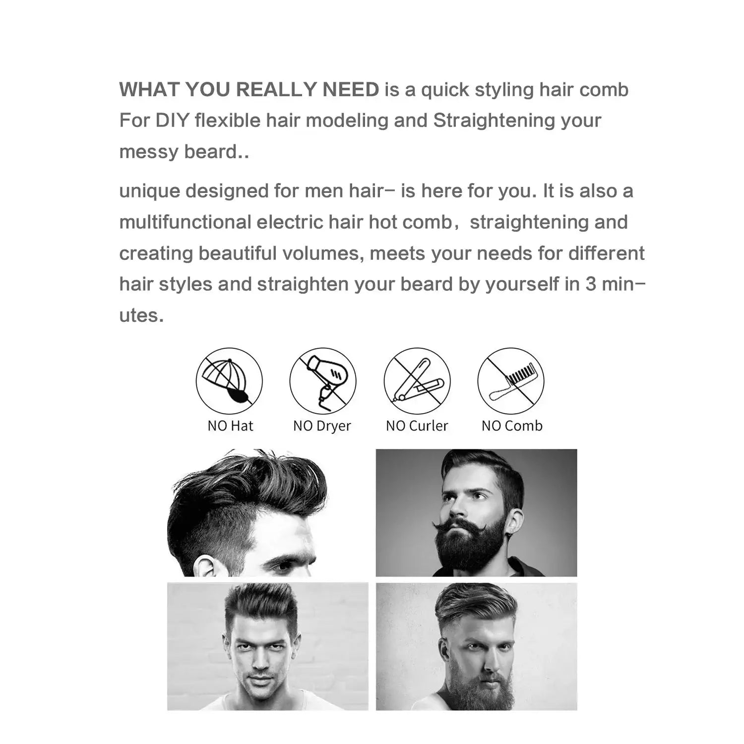 Simples Market men's electric beard straightener and hair brush with negative ion, wet/dry styling
