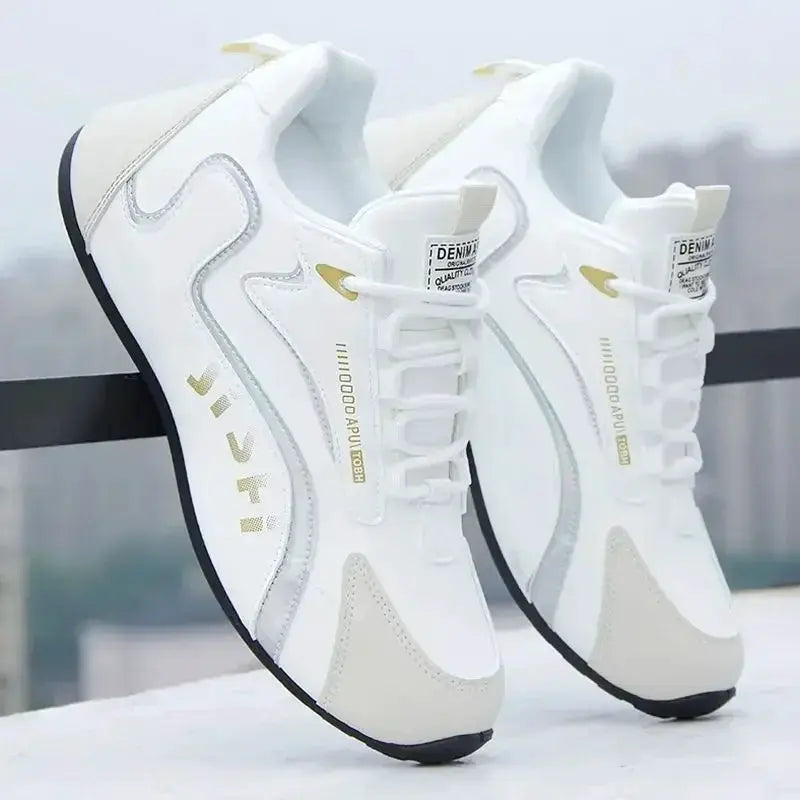 Simples Market men's PU leather waterproof sneakers pair in white with lightweight breathable design and non-slip sole