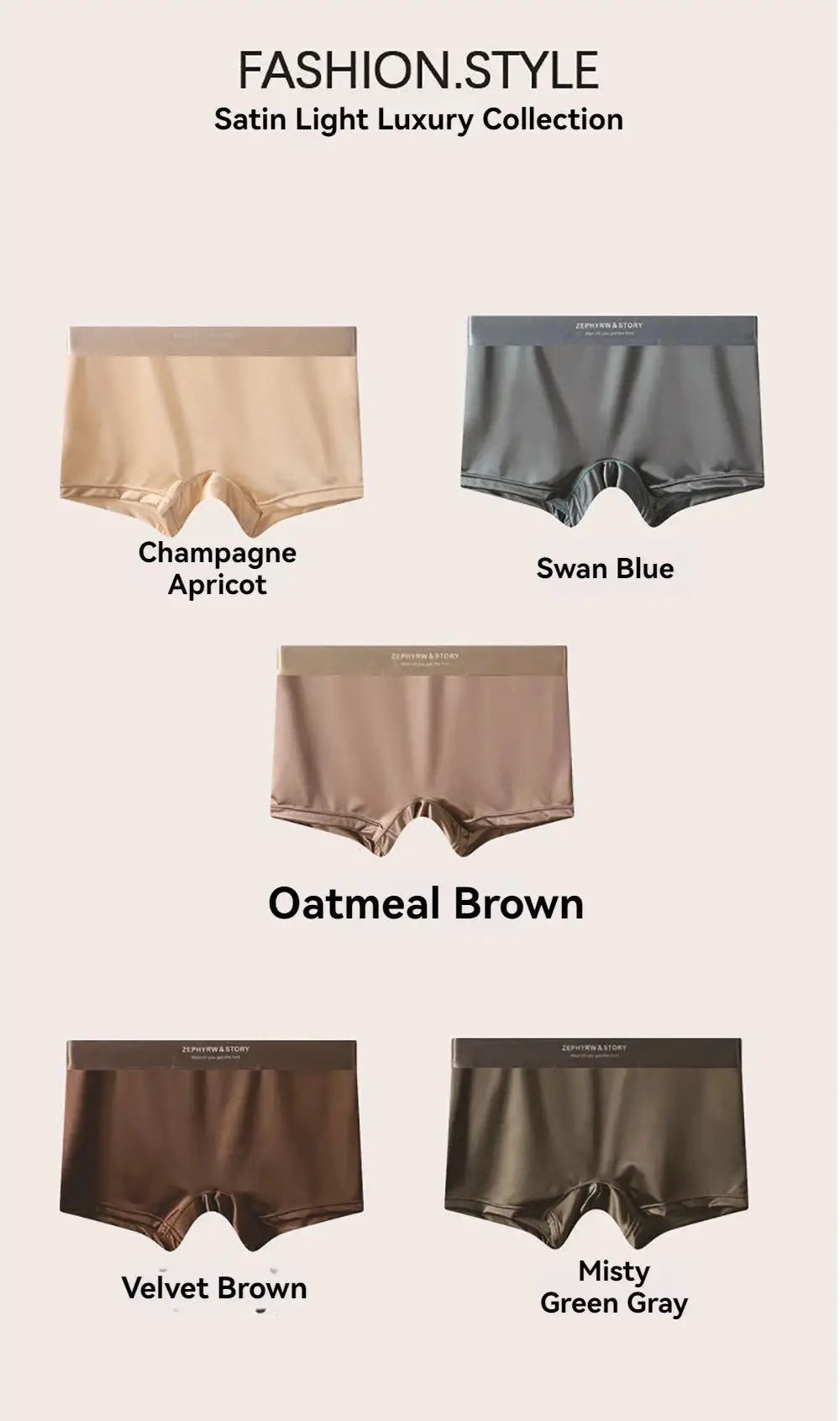 Simples Market 3-pack ice-silk satin-like panties with breathable mesh crotch in 5 colors.