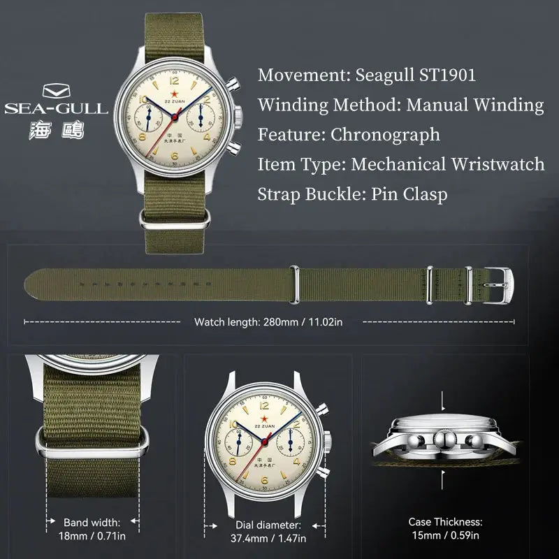 Seagull 1963 chronograph wristwatch with olive fabric strap and cream dial, ST1901 movement