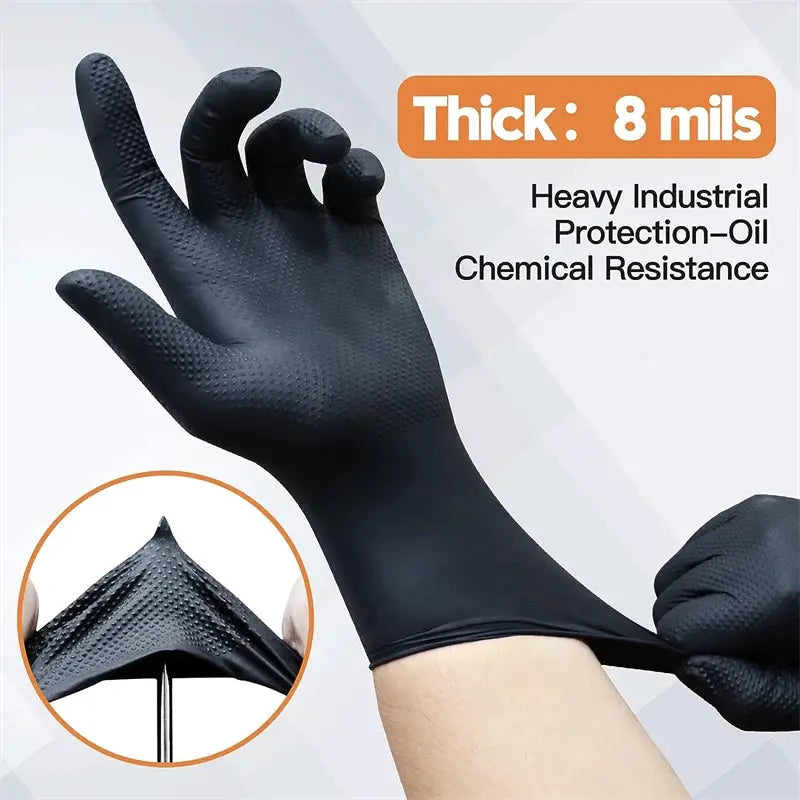 Industrial Black Nitrile Gloves 8 Mil Heavy Duty Diamond Textured Latex Free Disposable For Mechanics Auto Tattoo