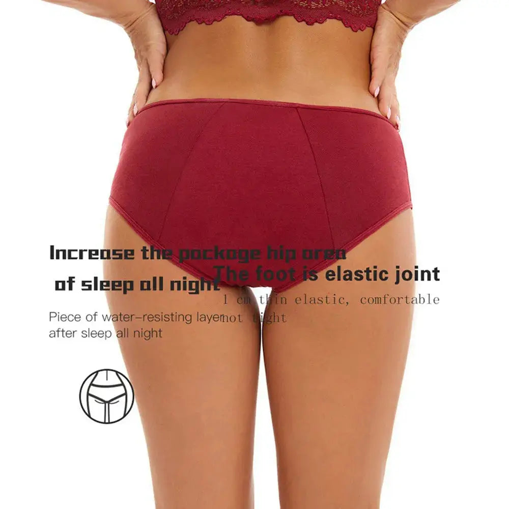 Women's red cotton menstrual panties, low-rise breathable period underwear, back view.