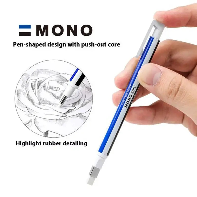 MONO Zero eraser pen by Tombow, blue and silver body with metal tip for precise erasing