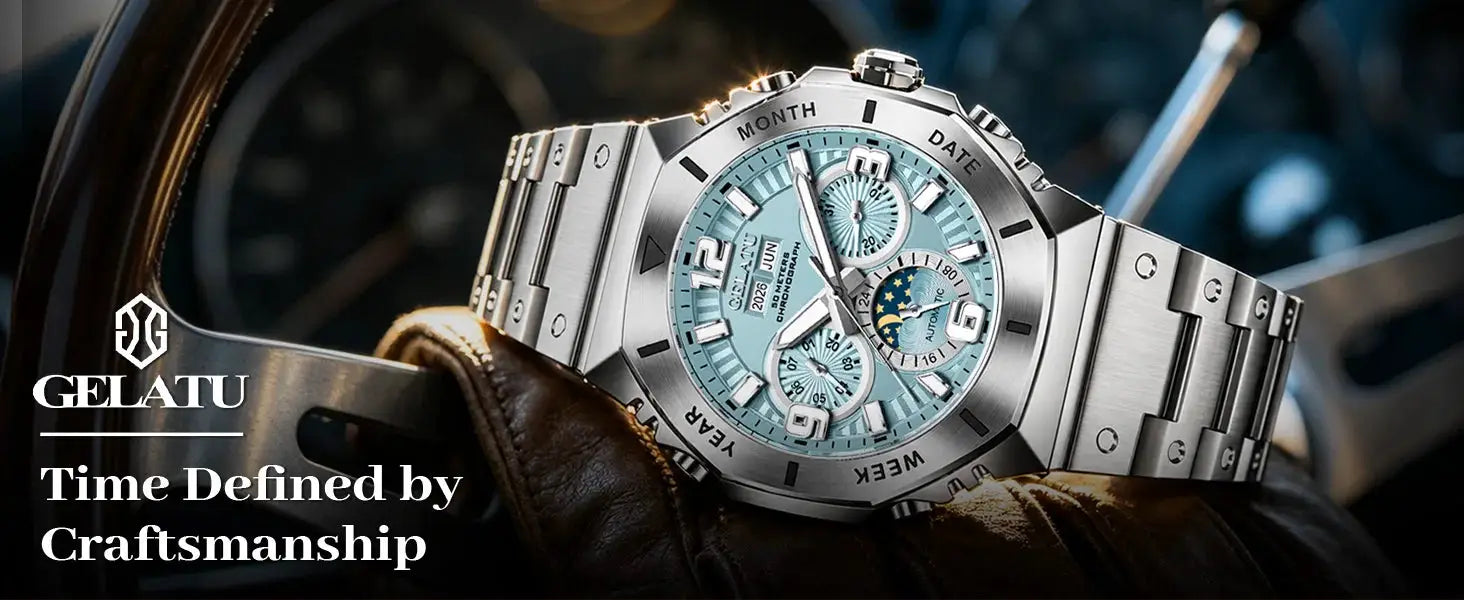 GELATU men's diving wristwatch with stainless steel bracelet, light blue dial, moon phase and perpetual calendar.