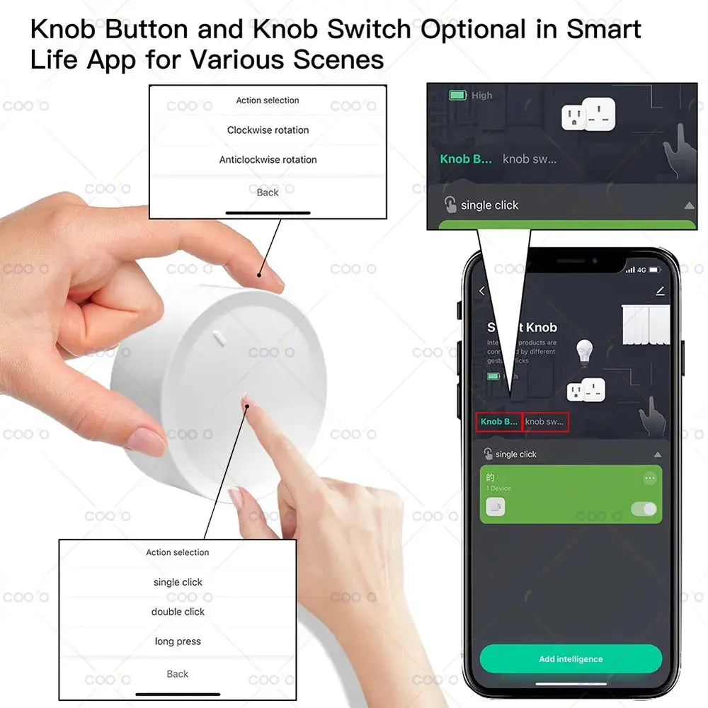 Simples Market ZigBee smart knob switch, white round dimmer button with rotatable control and mobile app screen