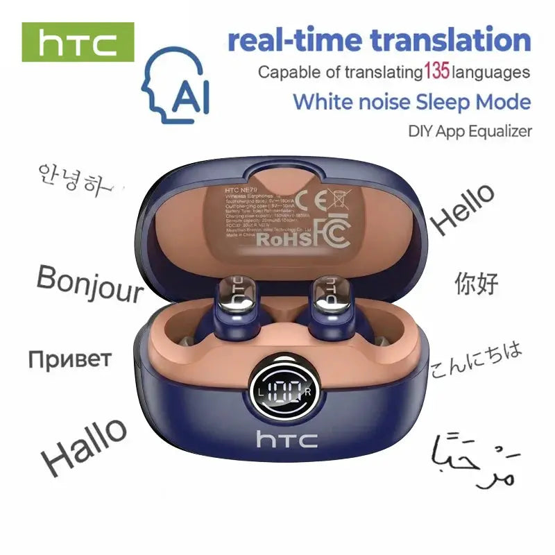 HTC NE79 TWS blue wireless earbuds with charging case and LED display