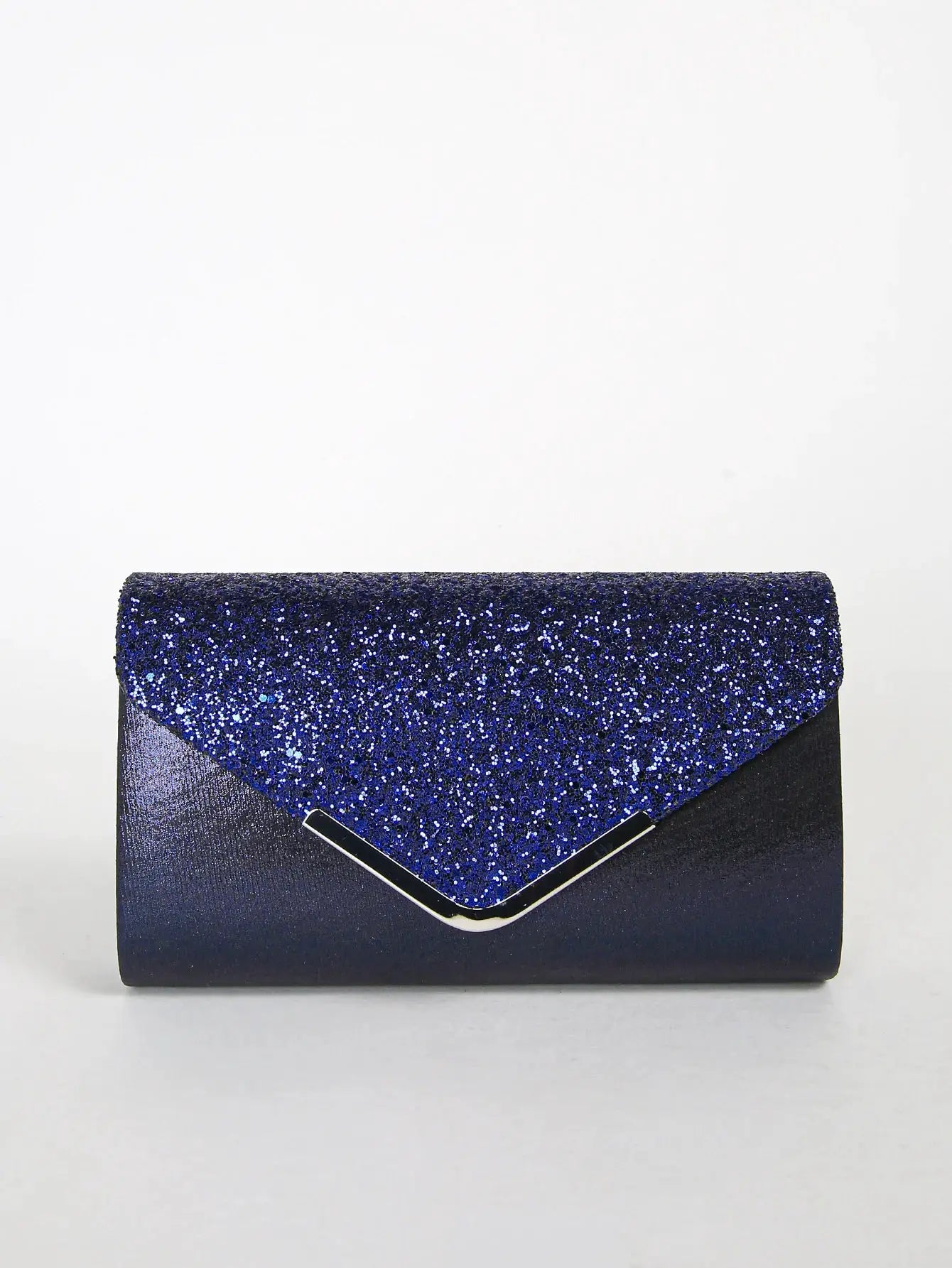 Navy blue sequin envelope clutch bag with silver V-clasp for party