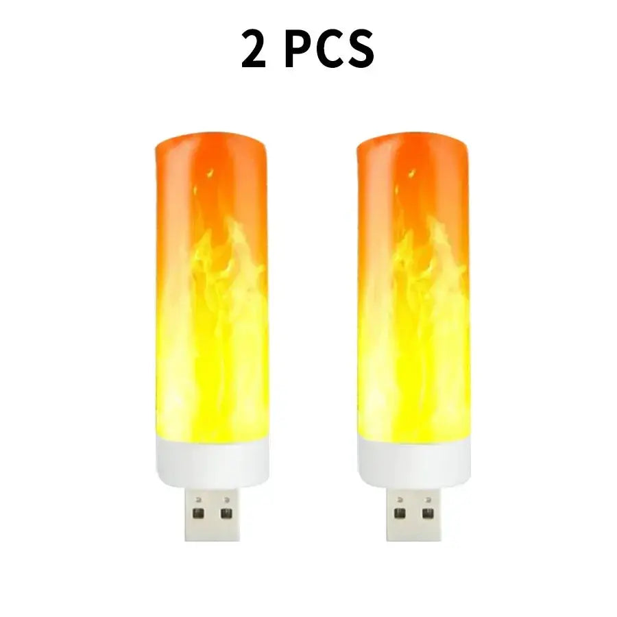 USB LED flame light two-pack by Simples Market with orange-yellow flickering fire effect