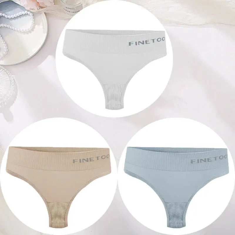 Finetoo 3-piece women's thong underwear set; large size seamless high-waist briefs in white, beige, and light blue.